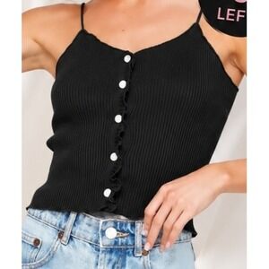 Womens Black Ribbed Knit Camisole Cami Button Spaghetti Strap TankTop Small Chic